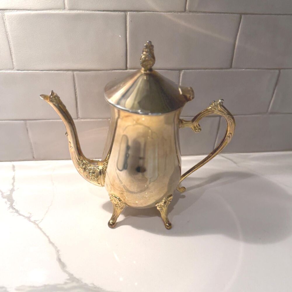 Vintage International Silver Co Gold Plated Coffee Pot, Victorian Tea Server